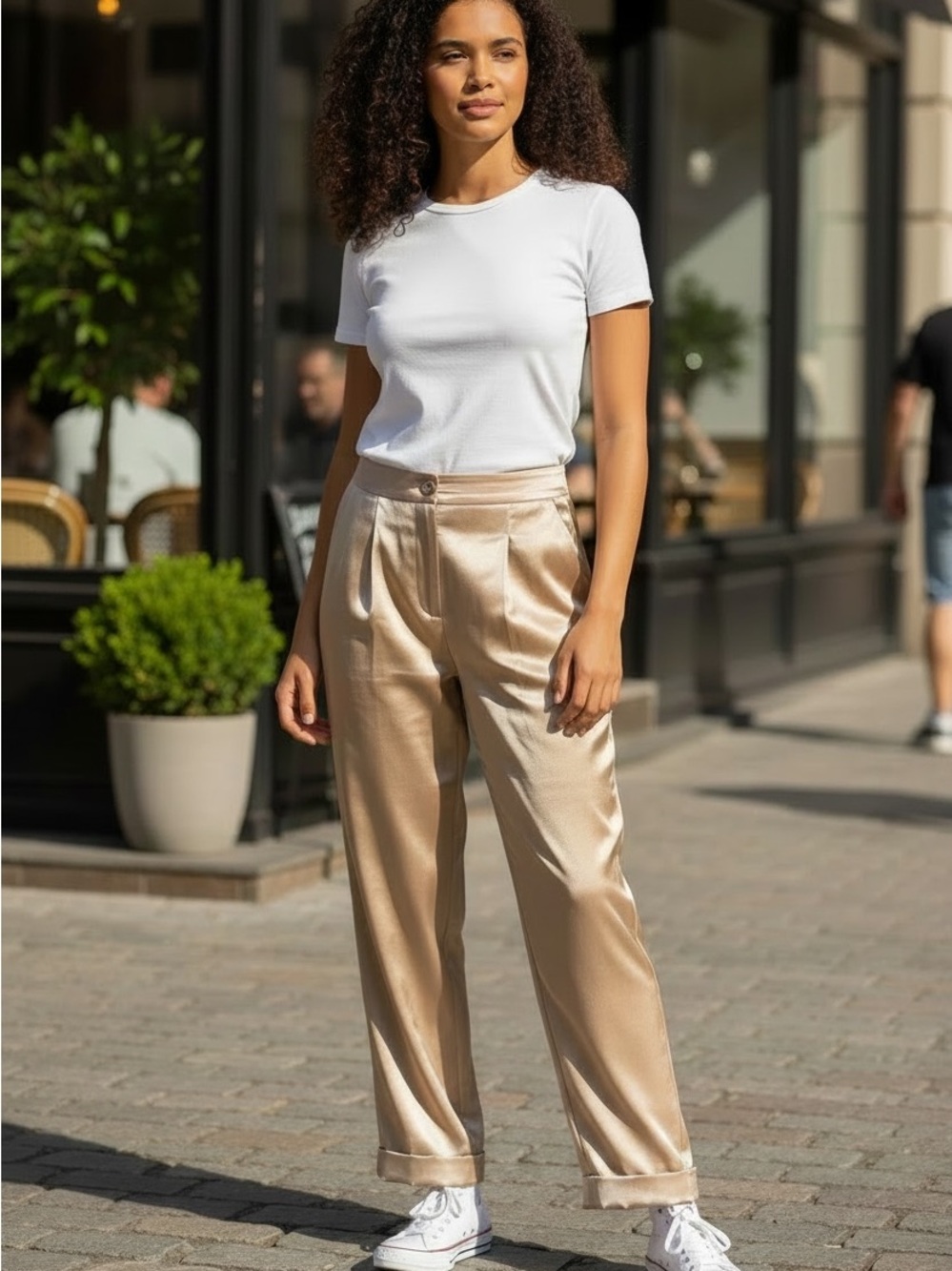 Raj Wide-Leg Satin Pants in Champagne Beige Women’s XL